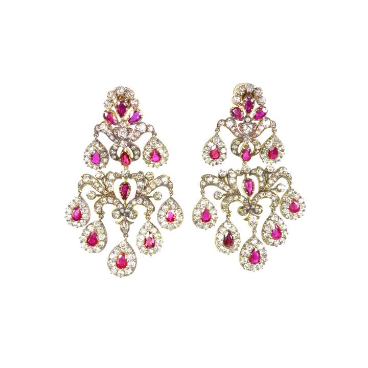 Pair of antique ruby and diamond foliate scroll chandelier pendant earrings